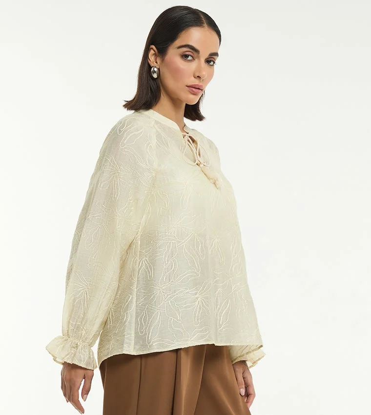 بي سي بي جي BCBG EMBROIDERED LONG SLEEVES WOVEN BLOUSE