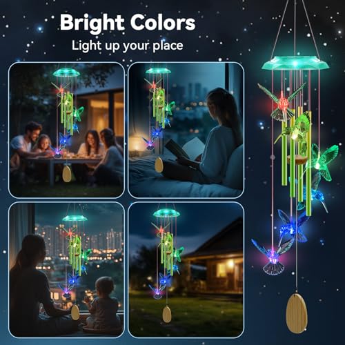 WANQDG Wind Chimes,Hummingbird Solar Wind Chimes for Outside,Green Gradation Aluminum Tubes Deep Tone Memorial Wind Bell for Garden/Patio Mobiles Decorative Gifts for Mom, Wife, Grandma Neighbors(37" Long) - Image 5