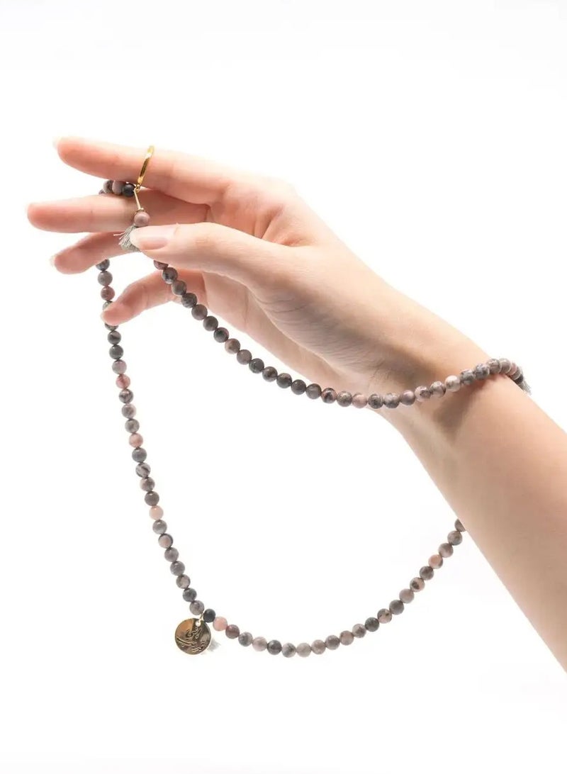 أم أم أيه من معدن الإنسان سبحة بقلادة وخاتم مطليان بالذهب عيار 18 قيراط بخرز زيبرا جاسبر الوردي - Image 4