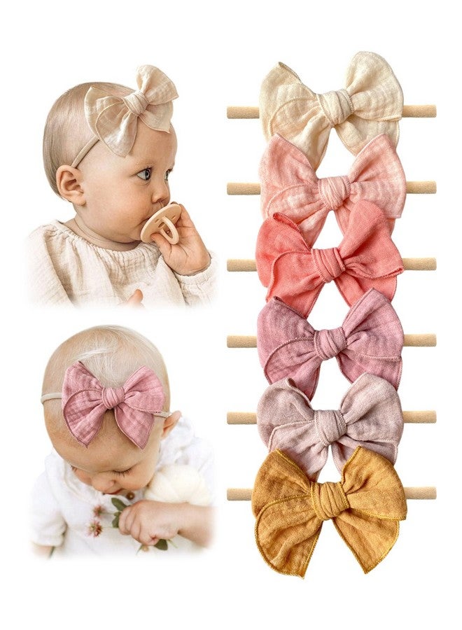 Cherssy Baby Girl Muslin Headbands, 3.5" Cotton Hair Bows Nylon Hairbands for Newborns, Infants, Toddlers - 6pcs - Image 1