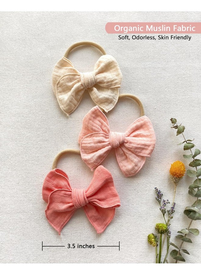 Cherssy Baby Girl Muslin Headbands, 3.5" Cotton Hair Bows Nylon Hairbands for Newborns, Infants, Toddlers - 6pcs - Image 2