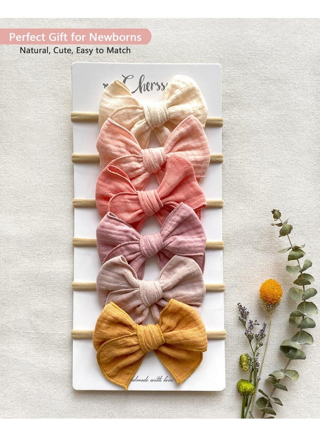 Cherssy Baby Girl Muslin Headbands, 3.5" Cotton Hair Bows Nylon Hairbands for Newborns, Infants, Toddlers - 6pcs - Image 4
