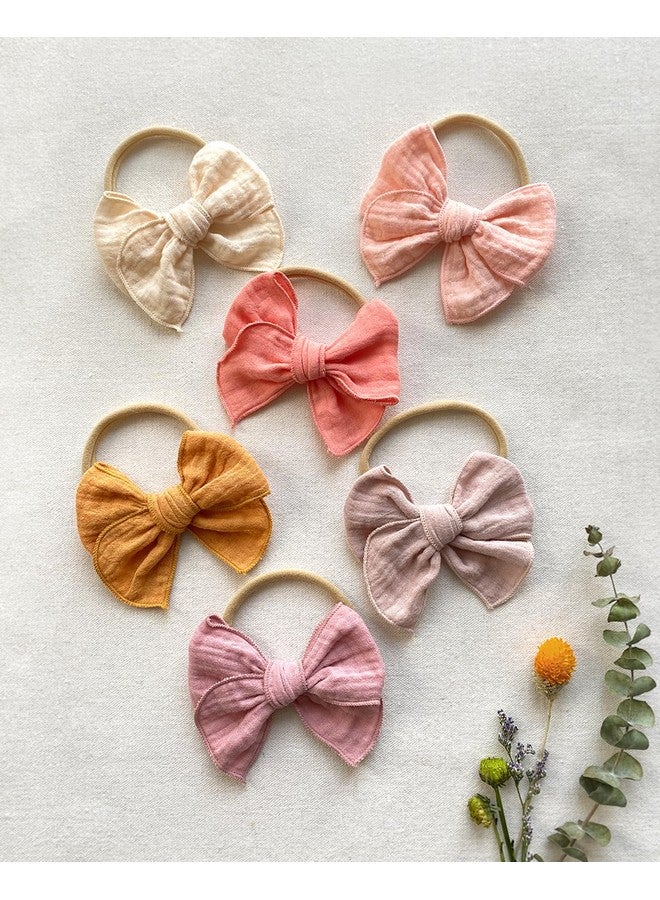 Cherssy Baby Girl Muslin Headbands, 3.5" Cotton Hair Bows Nylon Hairbands for Newborns, Infants, Toddlers - 6pcs - Image 3