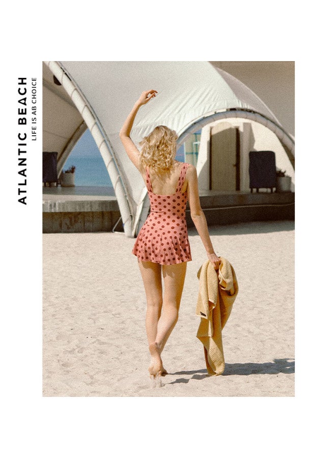 Atlanticbeach 2025 New Vacation Retro French Polka Dot Series One-piece Dress-style Swimsuit, Sun Protection, Beach Belly-covering Slimming Swimwear - Image 3