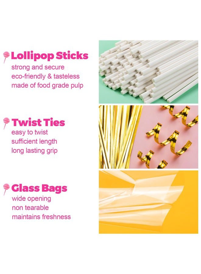 ZHBDMGK 300Pcs Cake Pop Sticks and Wrappers Kit, 100Pcs 6IN Lollipop Stick, 100pcs Clear Candy Treat Bags Parcel, 100pcs Gold Twist Ties for Lollipops, Candies, Chocolates Cookies - Image 4