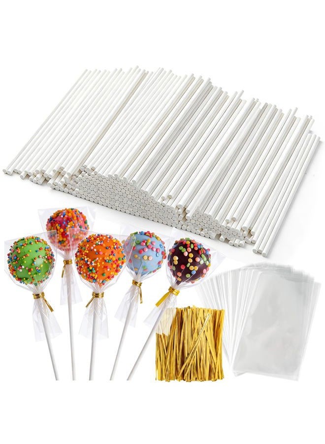ZHBDMGK 300Pcs Cake Pop Sticks and Wrappers Kit, 100Pcs 6IN Lollipop Stick, 100pcs Clear Candy Treat Bags Parcel, 100pcs Gold Twist Ties for Lollipops, Candies, Chocolates Cookies - Image 1