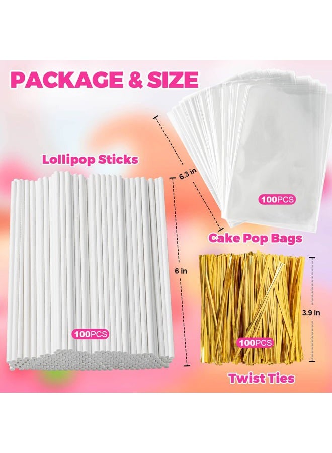ZHBDMGK 300Pcs Cake Pop Sticks and Wrappers Kit, 100Pcs 6IN Lollipop Stick, 100pcs Clear Candy Treat Bags Parcel, 100pcs Gold Twist Ties for Lollipops, Candies, Chocolates Cookies - Image 2