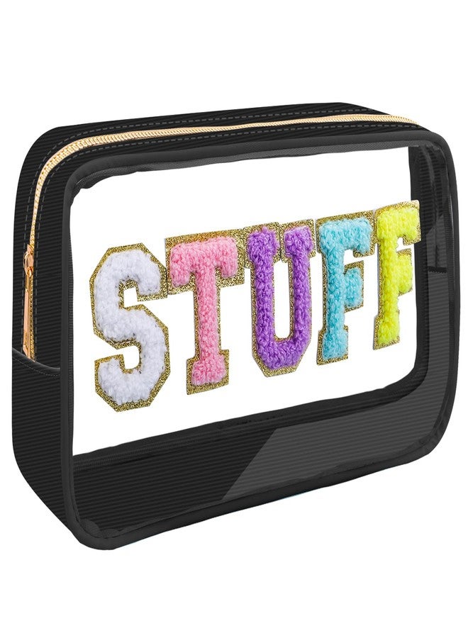 Moncinday Preppy Patch STUFF Makeup Bag Chenille Letter Cosmetic Bag for Women, Transparent PVC Zipper Patch Bags Organizer Waterproof Portable Travel Makeup Bag for Women Girls Teens (Black) - Image 1