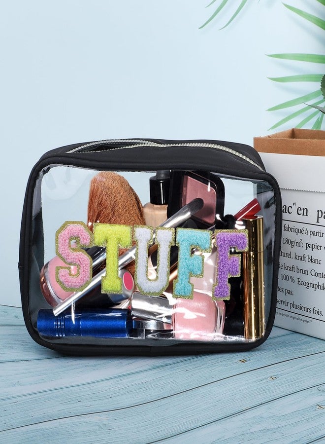 Moncinday Preppy Patch STUFF Makeup Bag Chenille Letter Cosmetic Bag for Women, Transparent PVC Zipper Patch Bags Organizer Waterproof Portable Travel Makeup Bag for Women Girls Teens (Black) - Image 5