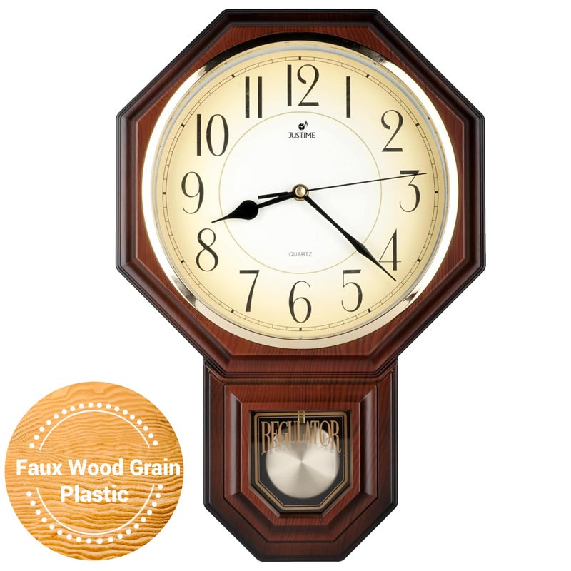 JUSTIME Traditional Schoolhouse Arabic Pendulum Wall Clock Chimes Hourly with Westminster Melody Made in Taiwan 4AA Batteries Included PP0258ADW Dark Wood Grain