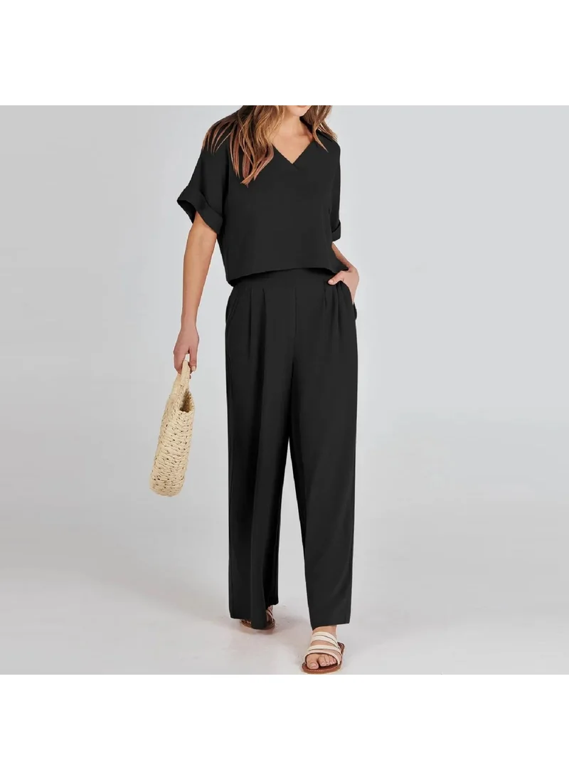 Barbora Elegant Women's T-Shirt and Long Pants Top and Bottom Two Piece Set V Neck Short Sleeve Casual Casual Dress LN27BLACK