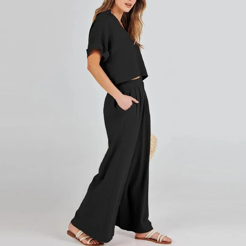 Barbora Elegant Women's T-Shirt and Long Pants Top and Bottom Two Piece Set V Neck Short Sleeve Casual Casual Dress LN27BLACK
