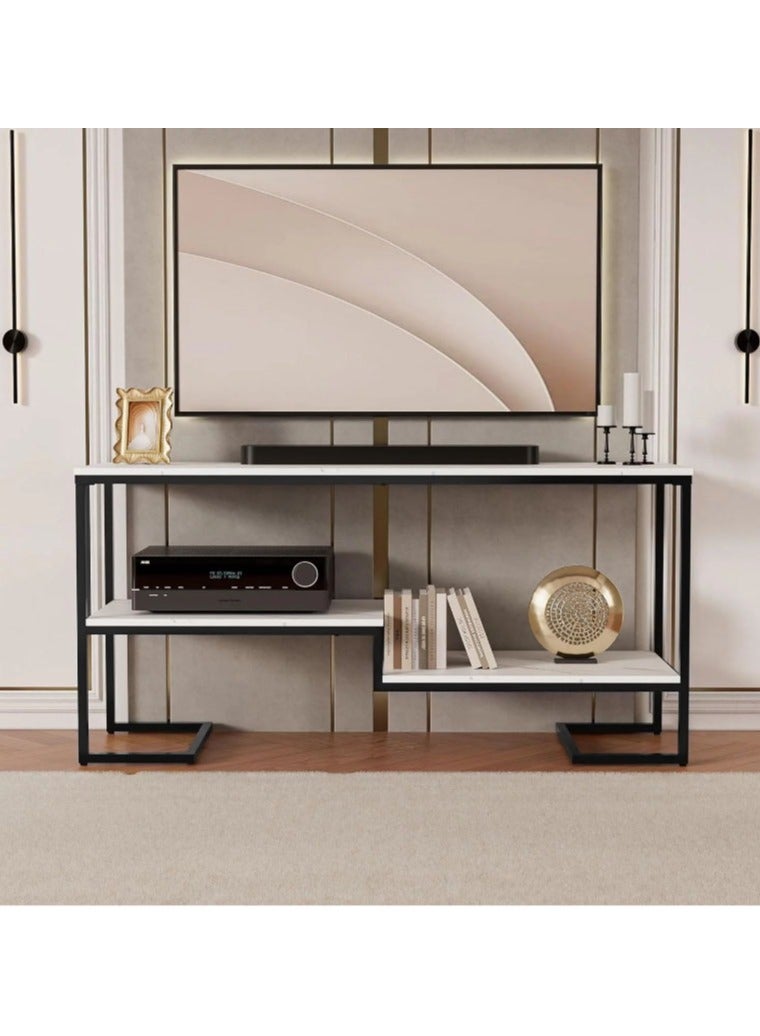 LINGWEI Modern TV Stand with Metal Frame & Marble Surface 135cm Console Table with 2 Tier Open Shelves Dor 48 60 Inch TV Stylish Entertainment Center For Living Room White Marble Finish - Image 2