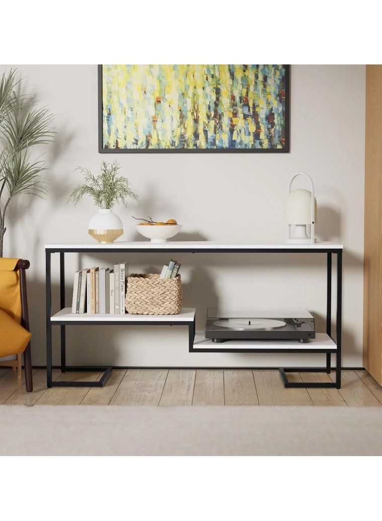 LINGWEI Modern TV Stand with Metal Frame & Marble Surface 135cm Console Table with 2 Tier Open Shelves Dor 48 60 Inch TV Stylish Entertainment Center For Living Room White Marble Finish - Image 4