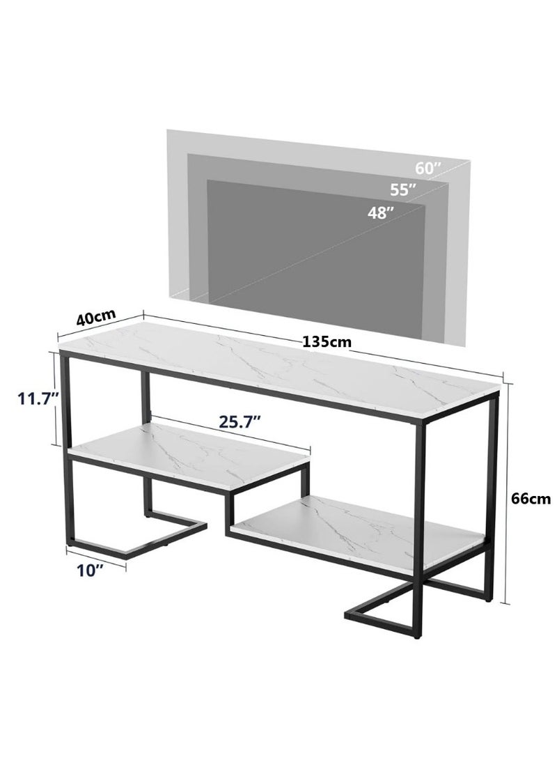LINGWEI Modern TV Stand with Metal Frame & Marble Surface 135cm Console Table with 2 Tier Open Shelves Dor 48 60 Inch TV Stylish Entertainment Center For Living Room White Marble Finish - Image 5