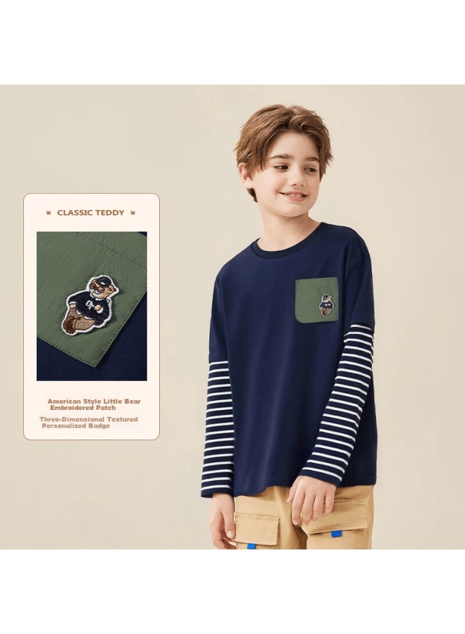 Classic Teddy Boys' Long Sleeve T-shirt Children's Spring Layered Look Top Dark Blue 165