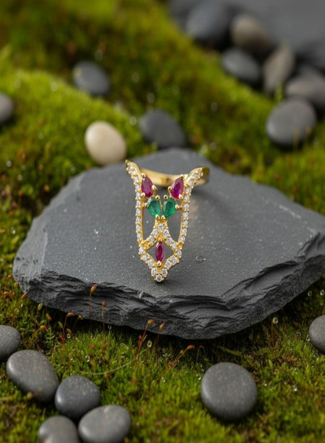 ZEELLO Gold Plated Traditional Venki Finger Ring with Green & Pink Stones | American Diamond Ethnic Ring for Women - Image 4