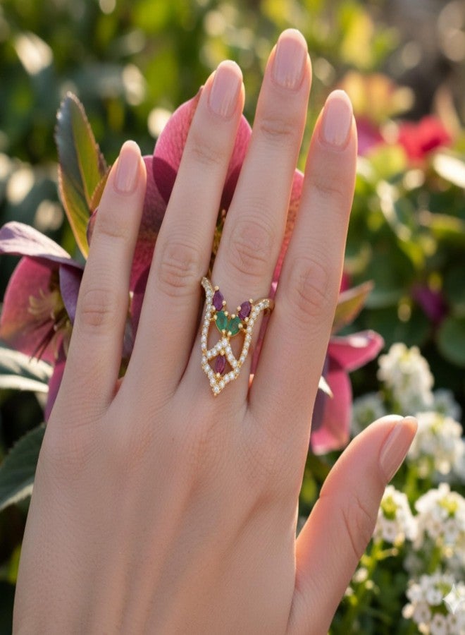 ZEELLO Gold Plated Traditional Venki Finger Ring with Green & Pink Stones | American Diamond Ethnic Ring for Women - Image 2