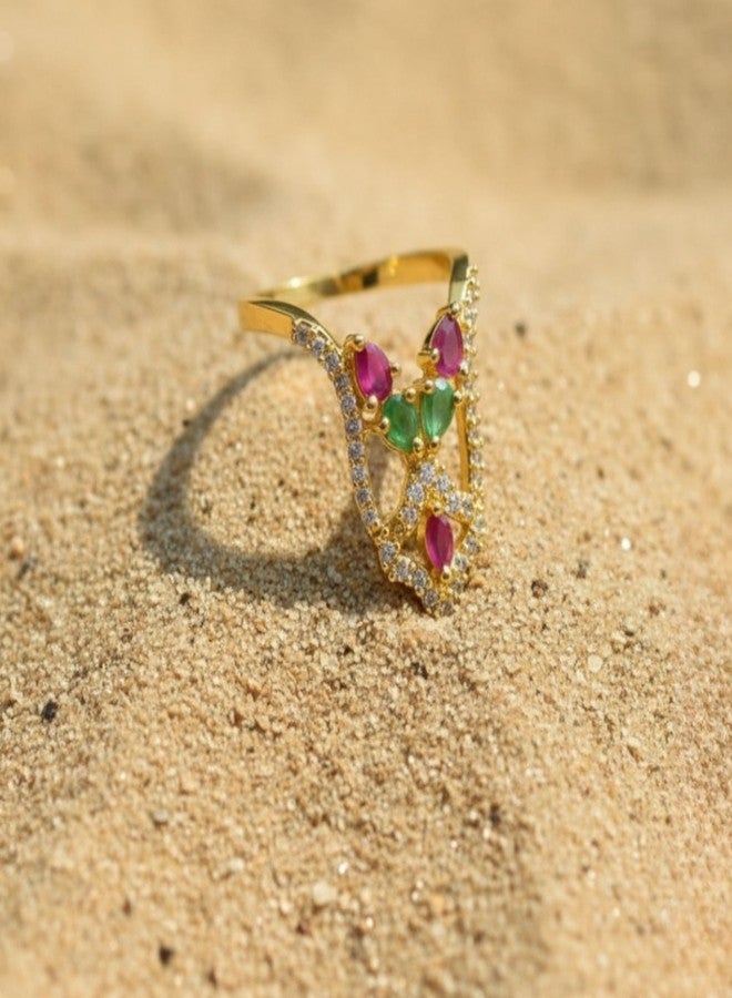 ZEELLO Gold Plated Traditional Venki Finger Ring with Green & Pink Stones | American Diamond Ethnic Ring for Women - Image 5