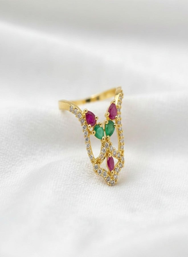ZEELLO Gold Plated Traditional Venki Finger Ring with Green & Pink Stones | American Diamond Ethnic Ring for Women - Image 3