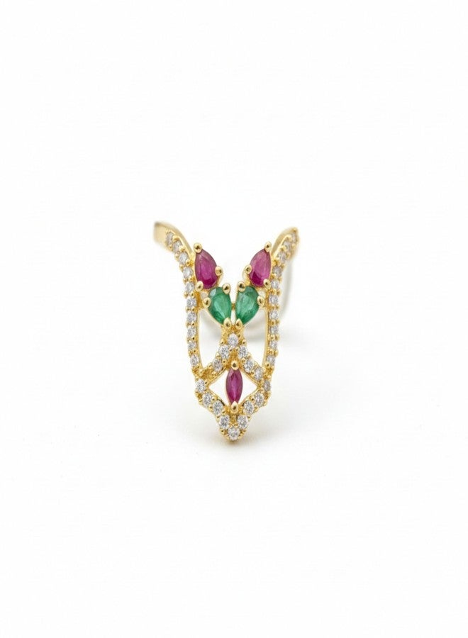 ZEELLO Gold Plated Traditional Venki Finger Ring with Green & Pink Stones | American Diamond Ethnic Ring for Women - Image 1