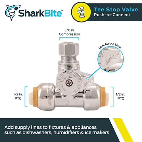SharkBite 1/2 x 1/2 x 3/8 Inch Compression Tee Stop Valve, Push to Connect Brass Plumbing Fitting, PEX Pipe, Copper, CPVC, PE-RT, HDPE, 24984A - Image 2
