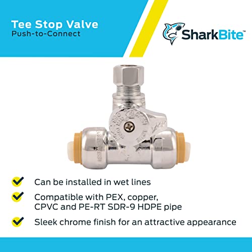 SharkBite 1/2 x 1/2 x 3/8 Inch Compression Tee Stop Valve, Push to Connect Brass Plumbing Fitting, PEX Pipe, Copper, CPVC, PE-RT, HDPE, 24984A - Image 4
