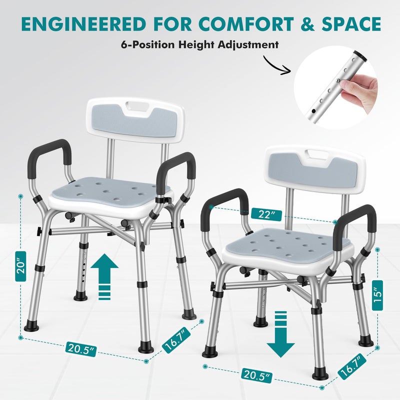 VFAUOSIT Shower Chair with Removable Arms and Back for Elderly & Disabled, 550 lbs Shower Chair for Inside Shower, 6-Height Adjustable Shower Seats for Adults, Bath Chairs for Seniors Inside Tub - Image 2