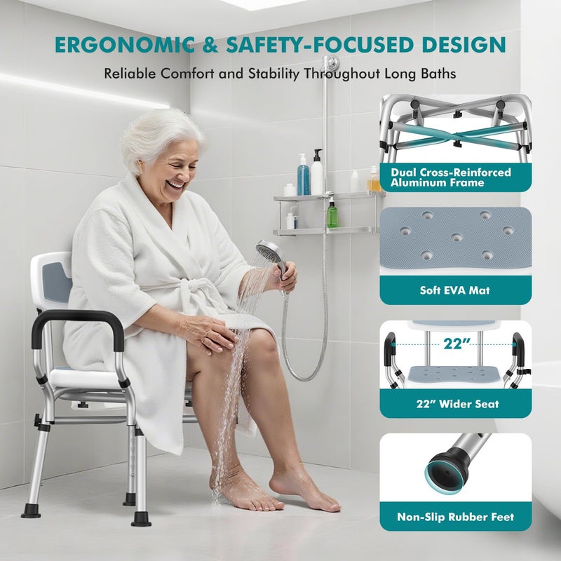 VFAUOSIT Shower Chair with Removable Arms and Back for Elderly & Disabled, 550 lbs Shower Chair for Inside Shower, 6-Height Adjustable Shower Seats for Adults, Bath Chairs for Seniors Inside Tub - Image 3