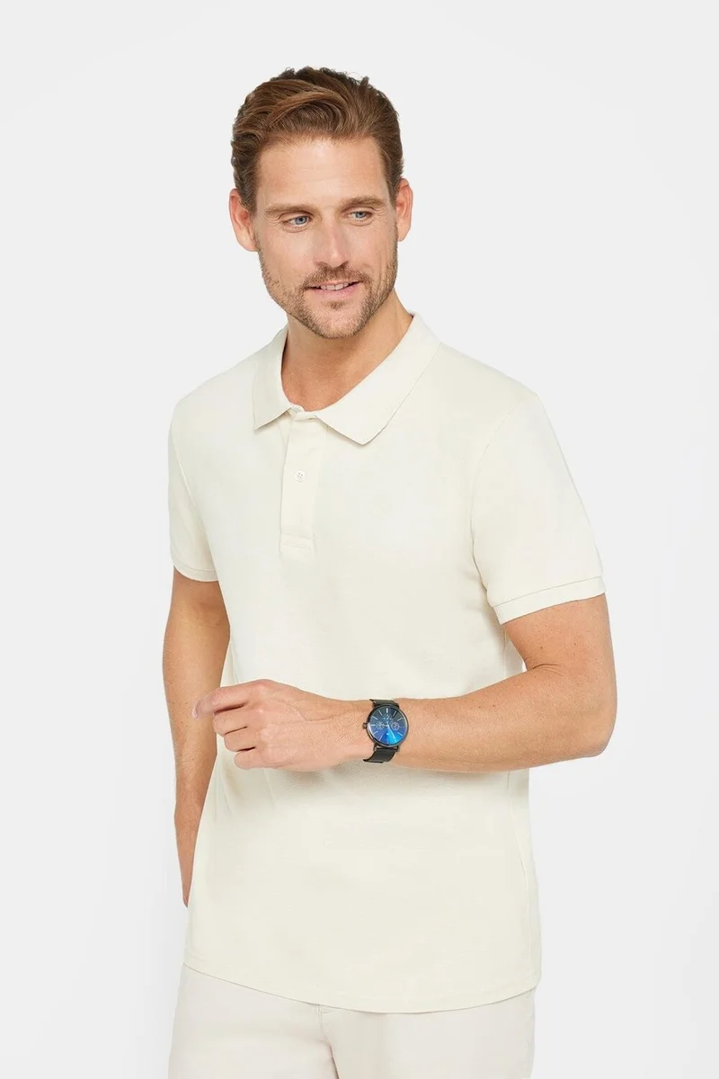 Tudors Men's Slim Fit Slim Fit Cotton Soft Texture Breathable Fabric Non-rolling Collar Ecru Polo Neck T-Shirt