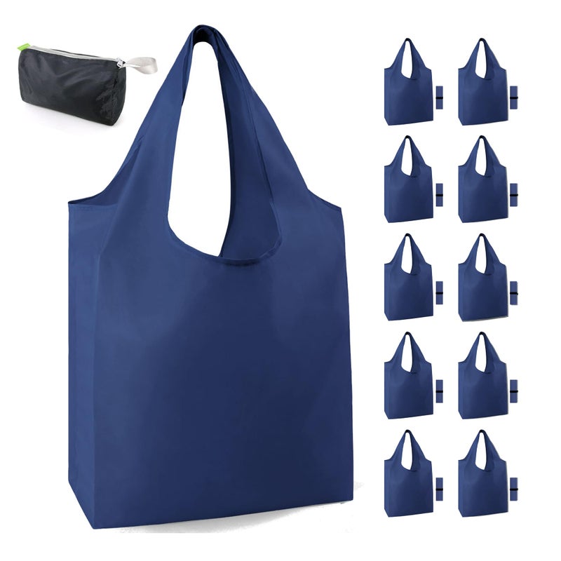 BeeGreen Navy Blue Reusable Grocery Bags Bulk 10 Packs Kitchen Reusable Shopping Bags 50LBS Large Machine Washable Durable Easily Foldable with a Storage Bag