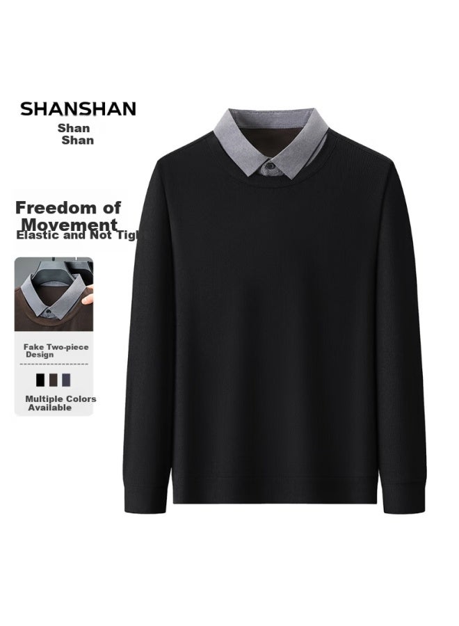 Shanshan Men's Faux Two-piece Spring And Autumn Business Casual Simple Inner Layer Men's Long-sleeve T-shirt, Elastic Comfortable Dad Top - Image 1