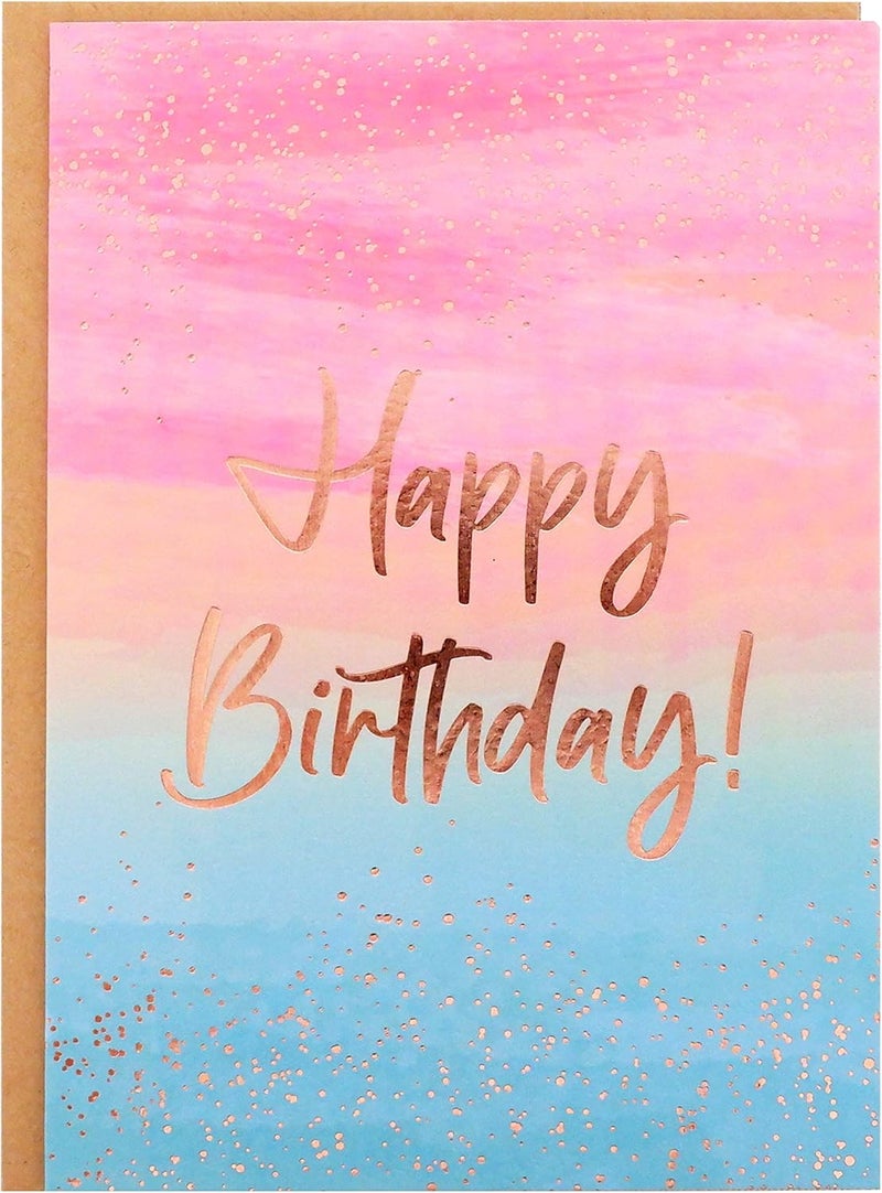 بطاقة عيد ميلاد - بطاقة تهنئة واحدة بعيد ميلاد سعيد مع رذاذ وكتابة من رقائق الذهب الوردي على ورق محكم بتدرج أزرق أصفر وردي مع ظرف كرافت - مقاس 5 × 7 بوصة - فارغة من الداخل - Image 1