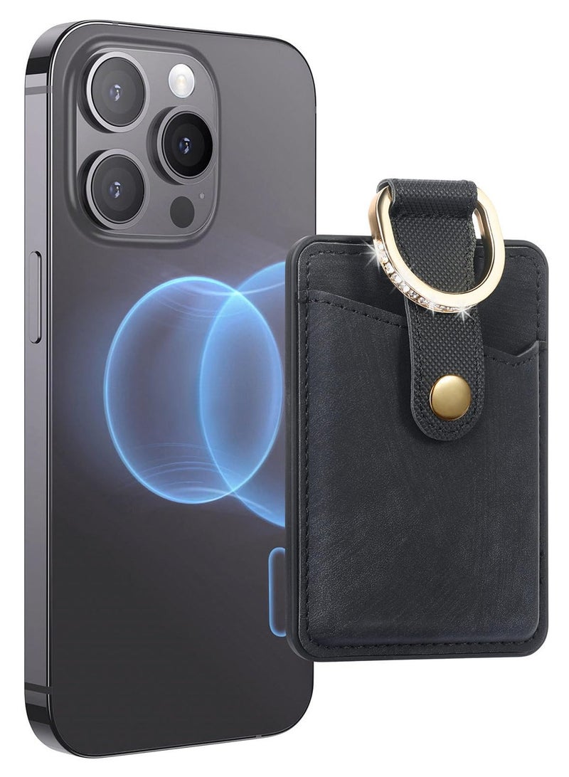 سيوسي حامل محفظة بطاقات الهاتف المغناطيسي، مع حلقة لمحفظة MagSafe لسلسلة iPhone 15/14/13/12، محفظة حامل بطاقات مغناطيسية قوية تناسب 3 بطاقات وجيب بلينغ أسود - Image 1