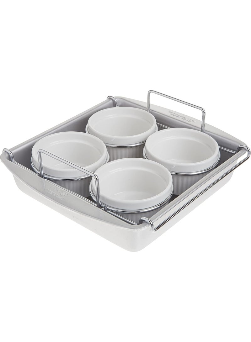 chicago metallic Chicago Metallic Professional 6-Piece Creme Brulee Set with 4 Porcelain Ramekins, 8-inch Square Pan and Wire Rack - Image 1