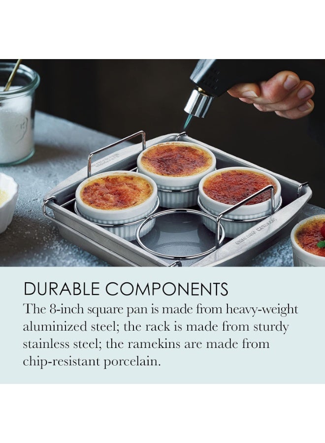 chicago metallic Chicago Metallic Professional 6-Piece Creme Brulee Set with 4 Porcelain Ramekins, 8-inch Square Pan and Wire Rack - Image 4