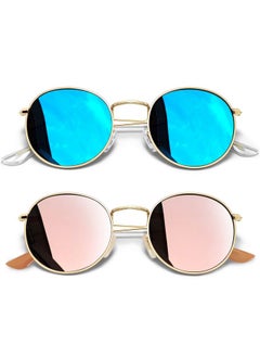 Joopin 2 Pack Metal Round Polarized Mirrored Sunglasses, Retro Gold Frame Circle Blue Sun Glasses Uv400, Fashion Pink Mirror Circular Shades  - Image 1