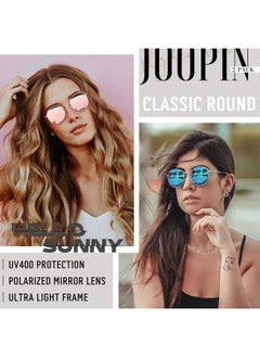 Joopin 2 Pack Metal Round Polarized Mirrored Sunglasses, Retro Gold Frame Circle Blue Sun Glasses Uv400, Fashion Pink Mirror Circular Shades  - Image 2