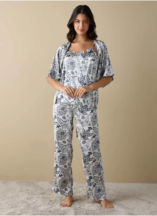 فاف All-Over Floral Print Top with Robe and Pyjamas