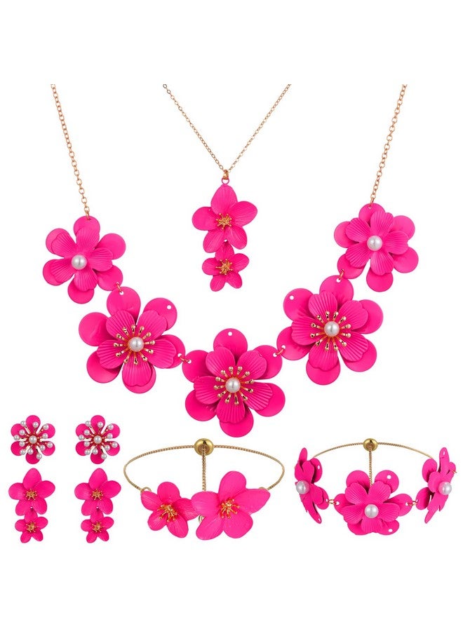 Tondiamo 6Pcs Boho Flower Necklace Earrings Bracelet Set Necklace Floral Earring Flower Gift Jewelry For Women Girl (Fuchsia) - Image 1