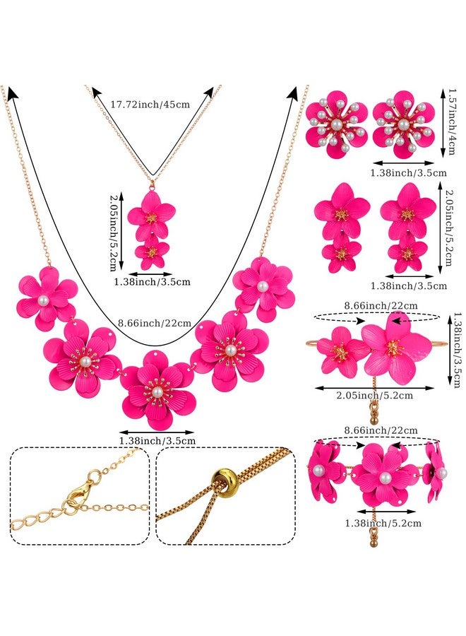 Tondiamo 6Pcs Boho Flower Necklace Earrings Bracelet Set Necklace Floral Earring Flower Gift Jewelry For Women Girl (Fuchsia) - Image 2