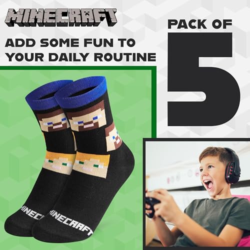 Minecraft Boys Calf Length Socks, Soft Breathable Creeper Everyday Sports School Socks Multipack - Gifts for Gamers (Black/Multi - 5 Pack, 13.5/4.5 US) - Image 2