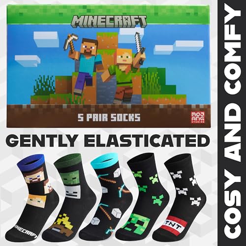 Minecraft Boys Calf Length Socks, Soft Breathable Creeper Everyday Sports School Socks Multipack - Gifts for Gamers (Black/Multi - 5 Pack, 13.5/4.5 US) - Image 3