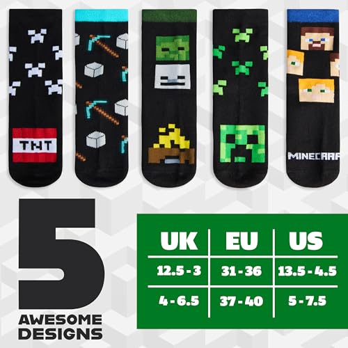 Minecraft Boys Calf Length Socks, Soft Breathable Creeper Everyday Sports School Socks Multipack - Gifts for Gamers (Black/Multi - 5 Pack, 13.5/4.5 US) - Image 5