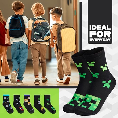 Minecraft Boys Calf Length Socks, Soft Breathable Creeper Everyday Sports School Socks Multipack - Gifts for Gamers (Black/Multi - 5 Pack, 13.5/4.5 US) - Image 4