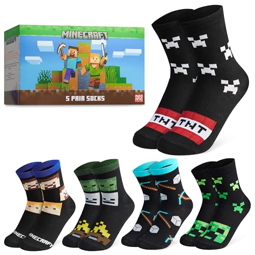Minecraft Boys Calf Length Socks, Soft Breathable Creeper Everyday Sports School Socks Multipack - Gifts for Gamers (Black/Multi - 5 Pack, 13.5/4.5 US) - Image 1