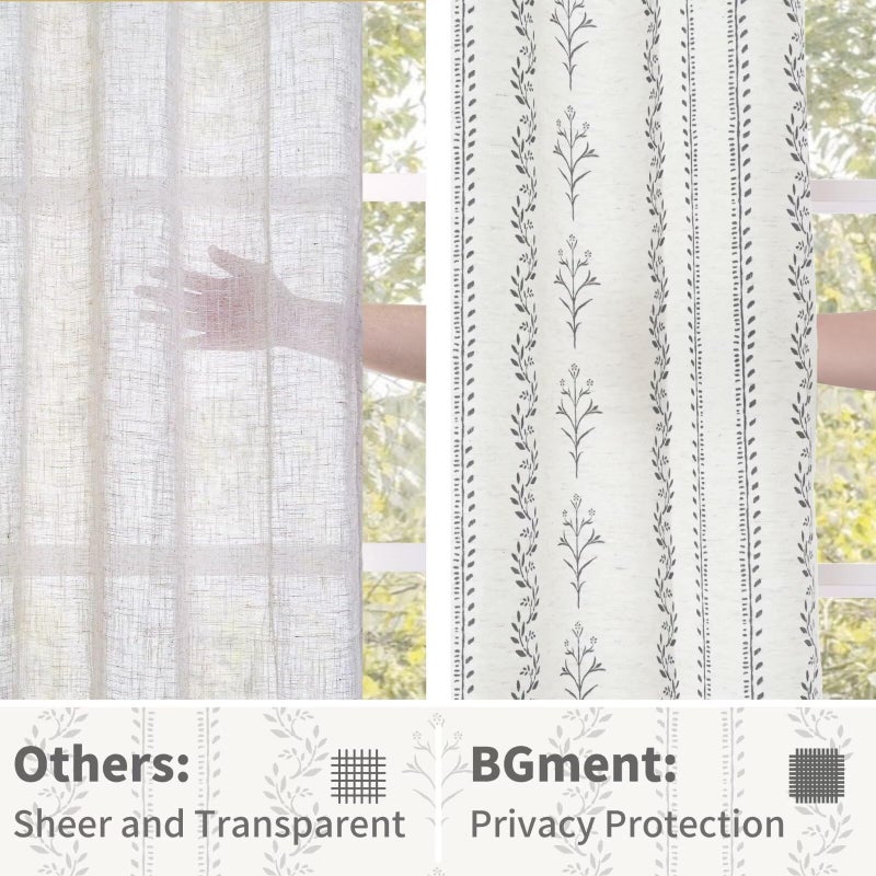 BGment Boho Curtains for Living Room 2 Panels, Grey Farmhouse French Country Vintage Floral Botanical Cottage Core Light Filtering Semi Sheer Linen Curtains 84 Inches Long, Each Panel 52 Inches Wide - Image 5