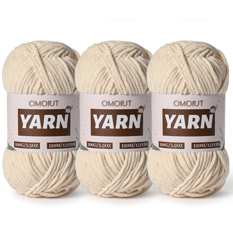 OMoiut 3 Packs Plush Chenille Chunky Crochet Yarn - Baby Yarn for Crocheting Soft - Velvet Yarns Knitting for Blankets Crafts - Fluffy Amigurumi Yarns 300g / 393yd (3 Beige) - Image 1