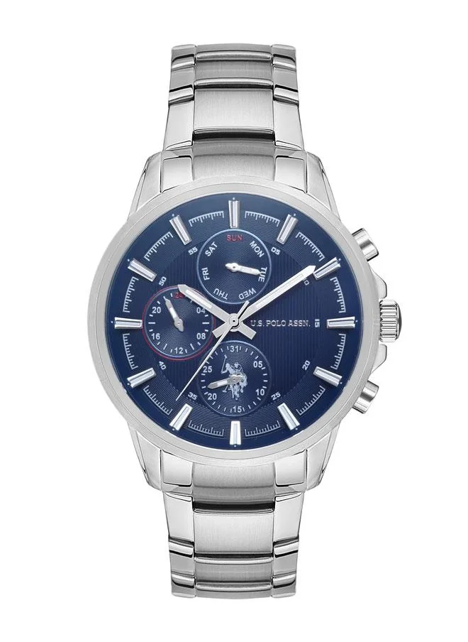 يو اس بولو اسن U.S. Polo Assn. Men's 44mm Stainless Steel Adventure Watch with Vivid Blue Dial & Silver Steel Strap - USPA1016-05 - Bold & Dynamic Timepiece for Modern Explorers