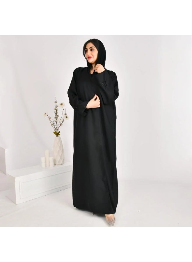 beyond abaya Black wrap abaya with delicate embroidery on the sleeves - Image 1